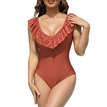 Women Ruffle Hollow V Neck One Piece Swimsuit Cutout Back Casual Swimwear Bathing Suit