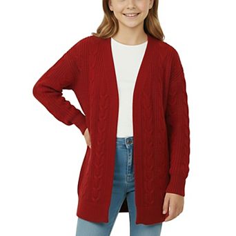 Girls' Fall Mid-Length Cable Knit Open Front Sweater Cardigan Long Sleeve Casual Kids' Coat Shirt