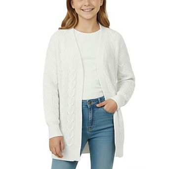 Girls' Fall Mid-Length Cable Knit Open Front Sweater Cardigan Long Sleeve Casual Kids' Coat Shirt