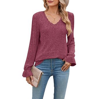 Womens Sweaters Casual Ruffle Long Sleeve Elegant Lace V Neck Tunic Pullover Sweater Tops