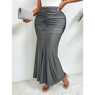Women's Casual Ruched High Waisted Fishtail Bodycon Long Maxi Skirt