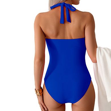 Women's Halter Neck One Piece Swimsuit Twist Front Ruched Back Tie Bikini