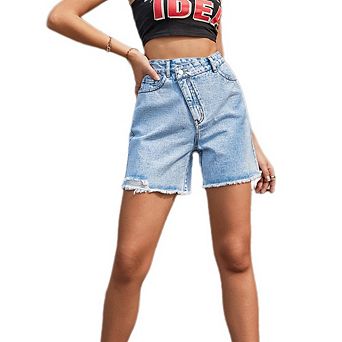 Demin Shorts Womens High Waiste Straight Jeans with Pockets Y2K Criss Crossover Oblique Placket Pant