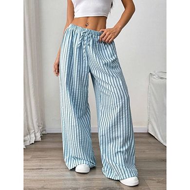 Women's Striped Wide Leg Casual Pants Oversized Drawstring Waist Baggy Trousers For Going Out
