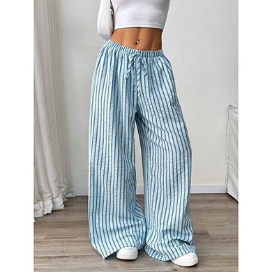 Women's Striped Wide Leg Casual Pants Oversized Drawstring Waist Baggy Trousers For Going Out