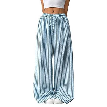 Women's Striped Wide Leg Casual Pants Oversized Drawstring Waist Baggy Trousers For Going Out