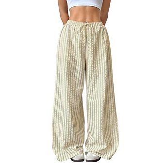Women's Striped Wide Leg Casual Pants Oversized Drawstring Waist Baggy Trousers For Going Out