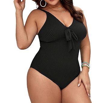 Women's V Neck Plus Size One Piece Swimsuit Ribbed Front Tie Adjustable Straps Bikini