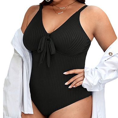Women's V Neck Plus Size One Piece Swimsuit Ribbed Front Tie Adjustable Straps Bikini