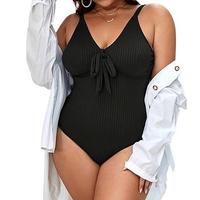 Women's V Neck Plus Size One Piece Swimsuit Ribbed Front Tie Adjustable Straps Bikini