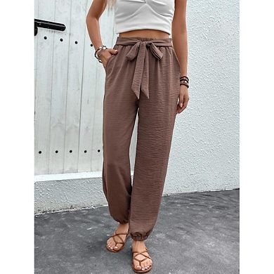 Women's Tapered Lounge Pants with Pockets High Waisted Adjustable Drawstring Flowy Trousers