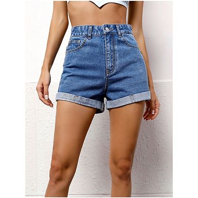 Women Pull On Jean Shorts Womens High Waisted Folded Hem Denim Shorts Summer Casual with Pockets