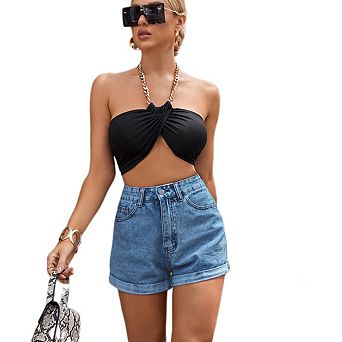 Women Pull On Jean Shorts Womens High Waisted Folded Hem Denim Shorts Summer Casual with Pockets