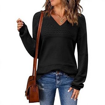 Womens Fall Sweaters Casual Long Sleeve Ribbed Knit Pullover V Neck Lightweight Crochet Pullover Top