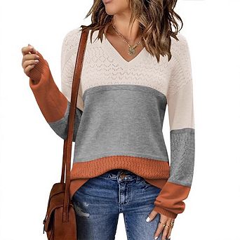Womens Fall Sweaters Casual Long Sleeve Ribbed Knit Pullover V Neck Lightweight Crochet Pullover Top