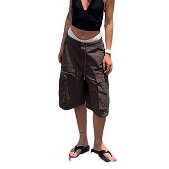 Women Cargo Shorts Elastic Waist Knee Length Shorts Summer Outdoor Hiking Pants with Pockets