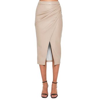 Women's PU Leather MiDI Skirt Dressy Work Office High Waist Pleated Front Slits Bodycon Skirt