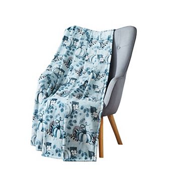 Kate Aurora Coastal Autumn Harvest Teal Halloween Pumpkin Patch Plush Oversized Throw Blanket