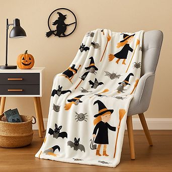 Kate Aurora Ultra Soft and Plush Halloween Friendly Witches and Bats Accent Throw Blanket Cover