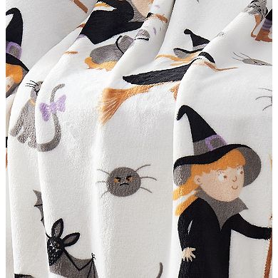Kate Aurora Ultra Soft and Plush Halloween Friendly Witches and Bats Accent Throw Blanket Cover