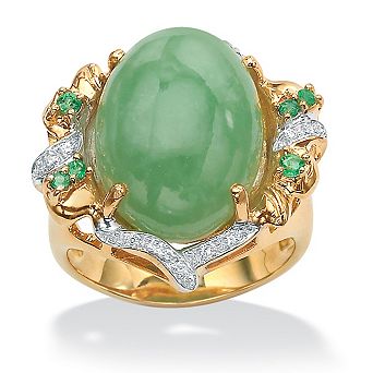 PalmBeach Jewelry .28 TCW Emerald, CZ and Jade Ring in Gold-Plated .925 Sterling Silver