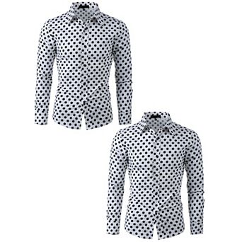 2 Packs Men's Polka Dots Long Sleeve Slim Fit Printed Dress Button Down Shirt