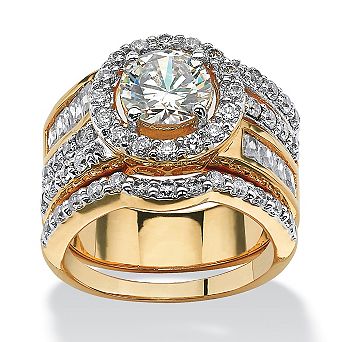 PalmBeach Jewelry 5.15 TCW Round Cubic Zirconia Halo Bridal Ring Set 18k Gold-Plated