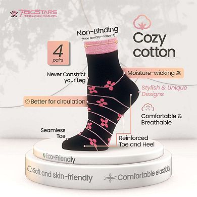Women Diabetic Cotton Quarter Socks, 4 Pairs Extra Wide, Soft Seamless, Patterned & Solid Breathable