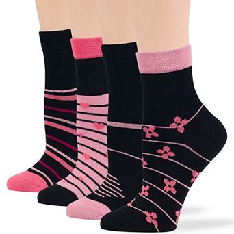 Women Diabetic Cotton Quarter Socks, 4 Pairs Extra Wide, Soft Seamless, Patterned & Solid Breathable