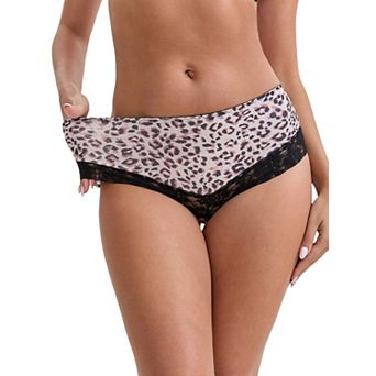 Women's Lace Trim Leopard Print Ultra-Thin Mid Rise Hipsters Elastic Lightweight Breathable Briefs