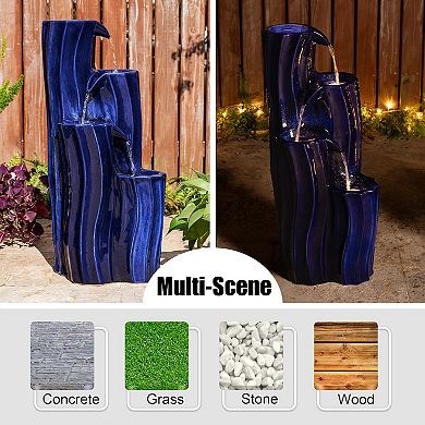 Glitzhome 4-Tiered Wavy Textured Ceramic Fountain, 29.5" Floor Fountain with Pump and LED Light