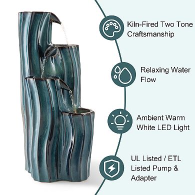 Glitzhome 4-Tiered Wavy Textured Ceramic Fountain, 29.5" Floor Fountain with Pump and LED Light
