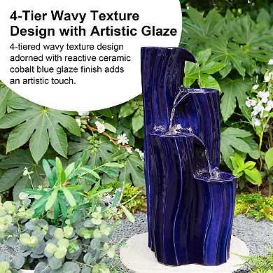 Glitzhome 4-Tiered Wavy Textured Ceramic Fountain, 29.5" Floor Fountain with Pump and LED Light