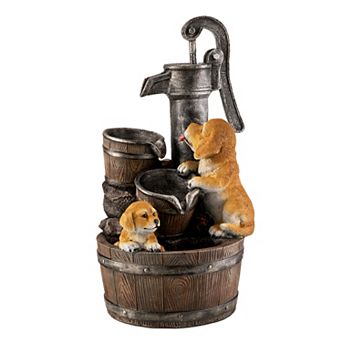 Glitzhome 23.75"H Garden Fountain - Cute Dog Playing Around the Water Pump Polyresin Fountain
