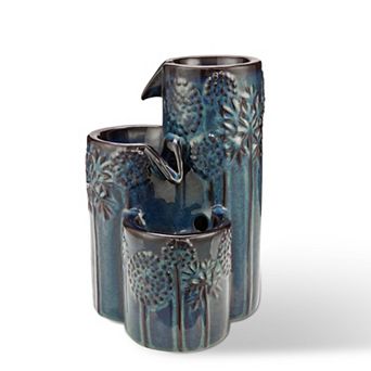 Glitzhome 3 tier Turquoise Ceramic Tabletop Fountain, 10"H Water Fountain with Pump and LED Light