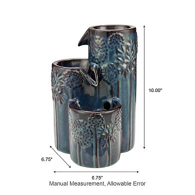 Glitzhome 3-Tier Turquoise Ceramic Tabletop Fountain, 10"H Water Fountain with Pump and LED Light