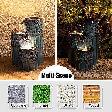 Glitzhome 3-Tier Turquoise Ceramic Tabletop Fountain, 10"H Water Fountain with Pump and LED Light