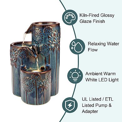 Glitzhome 3-Tier Turquoise Ceramic Tabletop Fountain, 10"H Water Fountain with Pump and LED Light