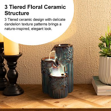 Glitzhome 3-Tier Turquoise Ceramic Tabletop Fountain, 10"H Water Fountain with Pump and LED Light