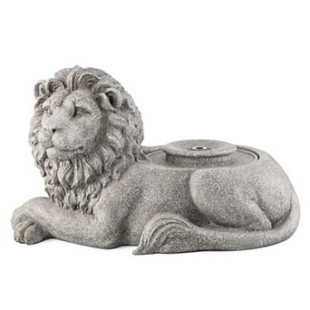 Glitzhome 20"L Zen-Style Outdoor Fountain, Lying Lion Polyresin Waterfall Floor Fountain