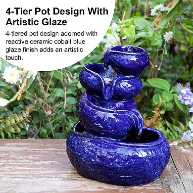 Glitzhome 4-Tiered Ceramic Table Fountain with Pump, 11.75"H Cobalt Blue Decorative Fountain