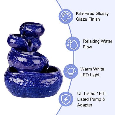 Glitzhome 4-Tiered Ceramic Table Fountain with Pump, 11.75"H Cobalt Blue Decorative Fountain