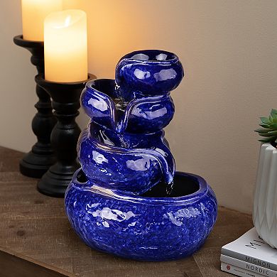 Glitzhome 4-Tiered Ceramic Table Fountain with Pump, 11.75"H Cobalt Blue Decorative Fountain