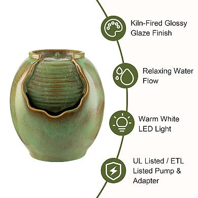 Glitzhome 11.5"H Ceramic Table Fountain, Sage Green Pot Decorative Fountain with Pump