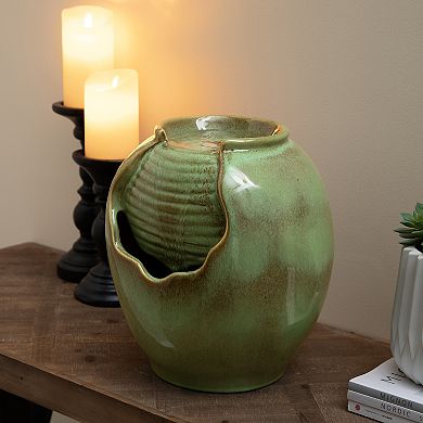 Glitzhome 11.5"H Ceramic Table Fountain, Sage Green Pot Decorative Fountain with Pump