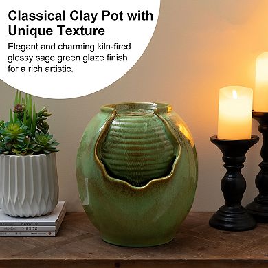 Glitzhome 11.5"H Ceramic Table Fountain, Sage Green Pot Decorative Fountain with Pump