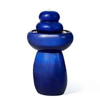 Glitzhome 22"H Zen-Style Outdoor Ceramic Fountain, Cobalt Blue Pebbles Garden Fountain