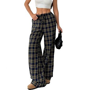 Women's Plaid Checkered Pants Flannel Pants Lounge Wide Leg Baggy Sweatpants with Pockets