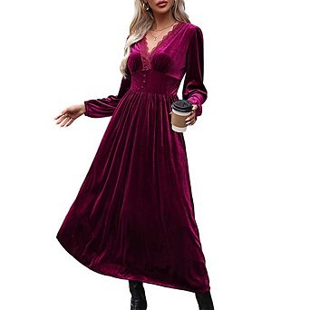 Women's Velvet Maxi Dress Elegant V Neck Lace Trim Smocked Waist Formal Wedding Guest Dresses