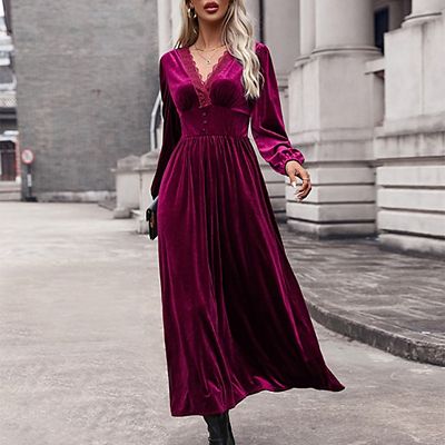 white christmas dresses Ever-Pretty Graceful V-Neck Waist Design Velvet Midi Mother of The Bride Dress main image 1